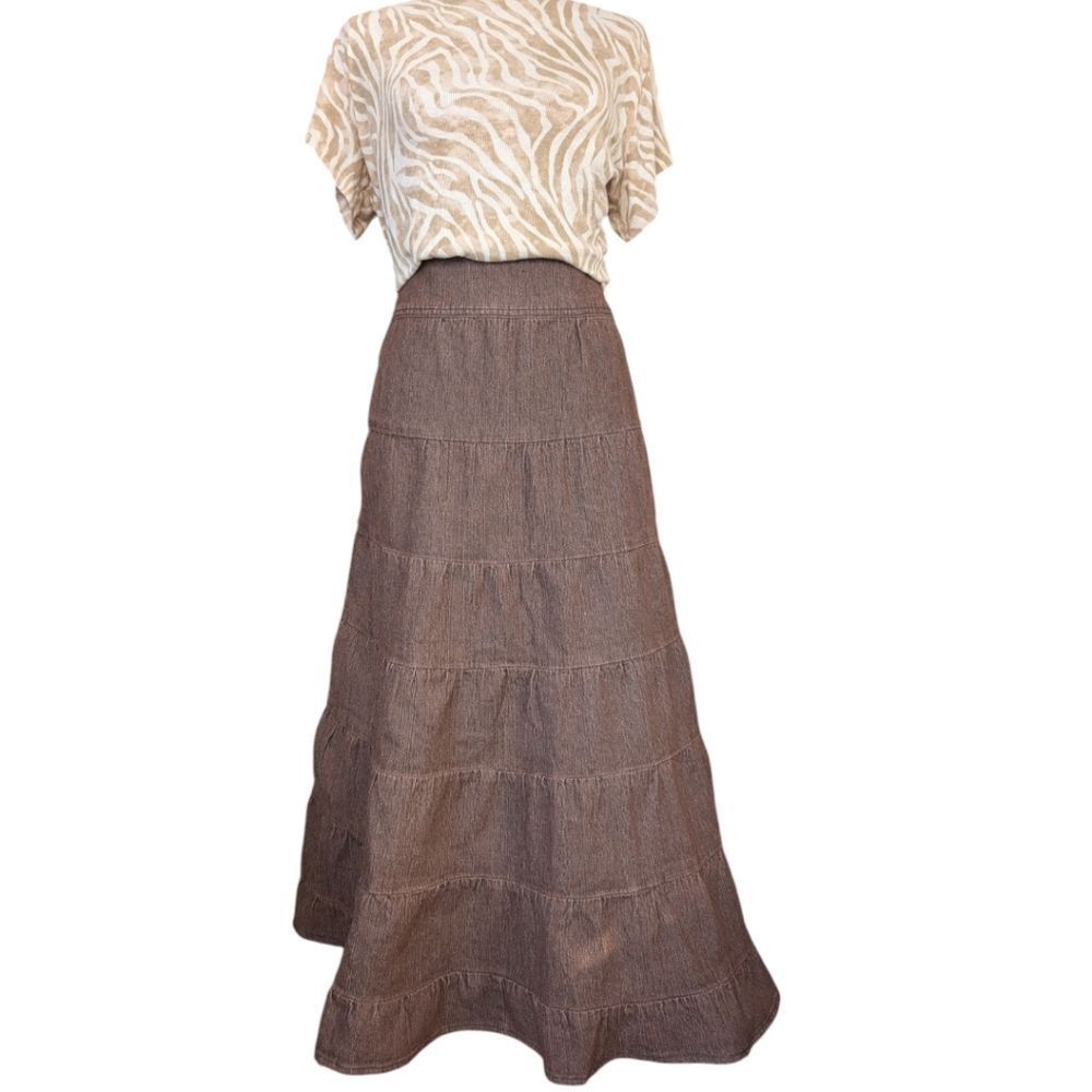 Unique find Mocha brown tired boho  denim jean maxi skirt size 6